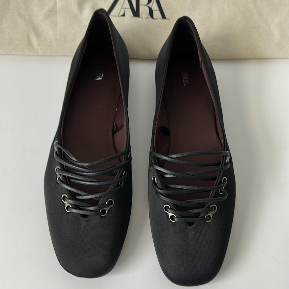 Zara Black Lace-Up Women's Flats - Picture 3 of 15